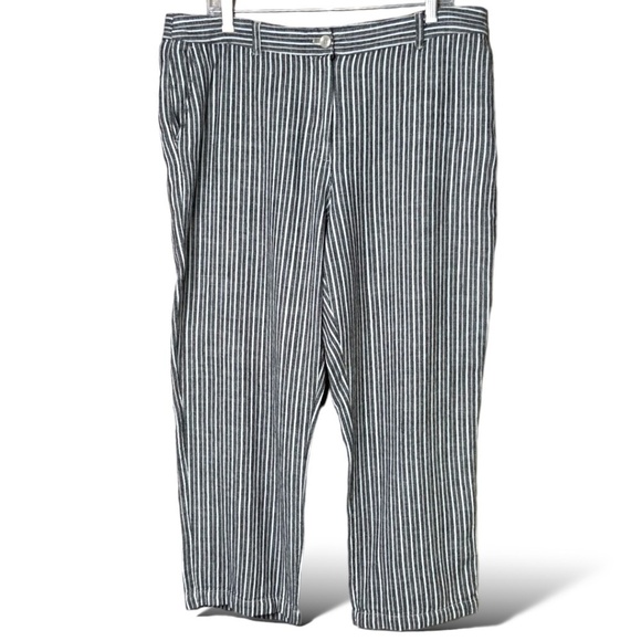 OLSEN Mona Straight Grey White Stripe Trousers Linen Blend Side Pockets US Sz L - Picture 1 of 8